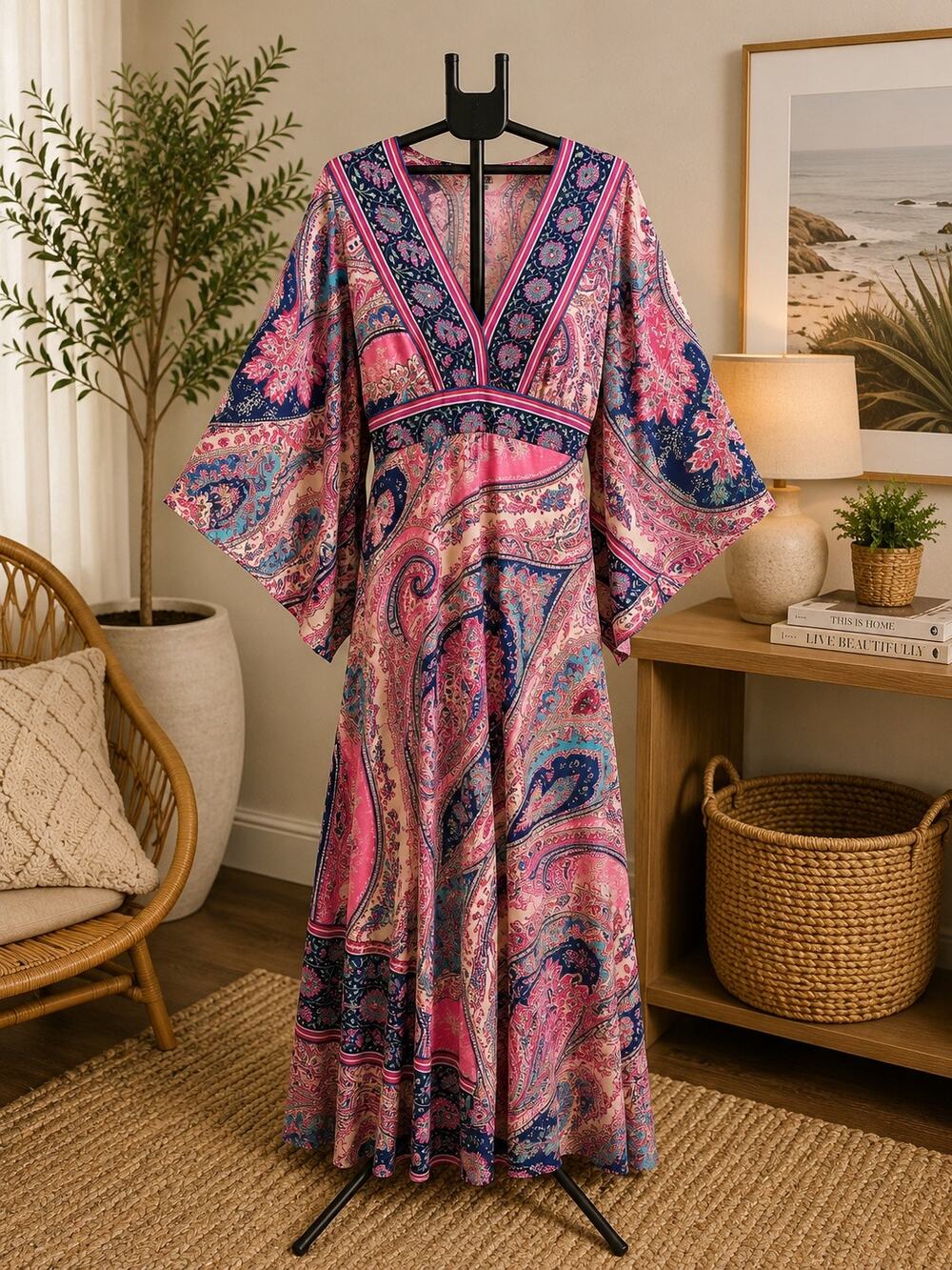 India Town Womenâs Paisley Maxi Dress Pink Blue Boho Kimono Sleeve NWT